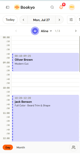 Bookyo calendar showing staff schedules and appointment times
